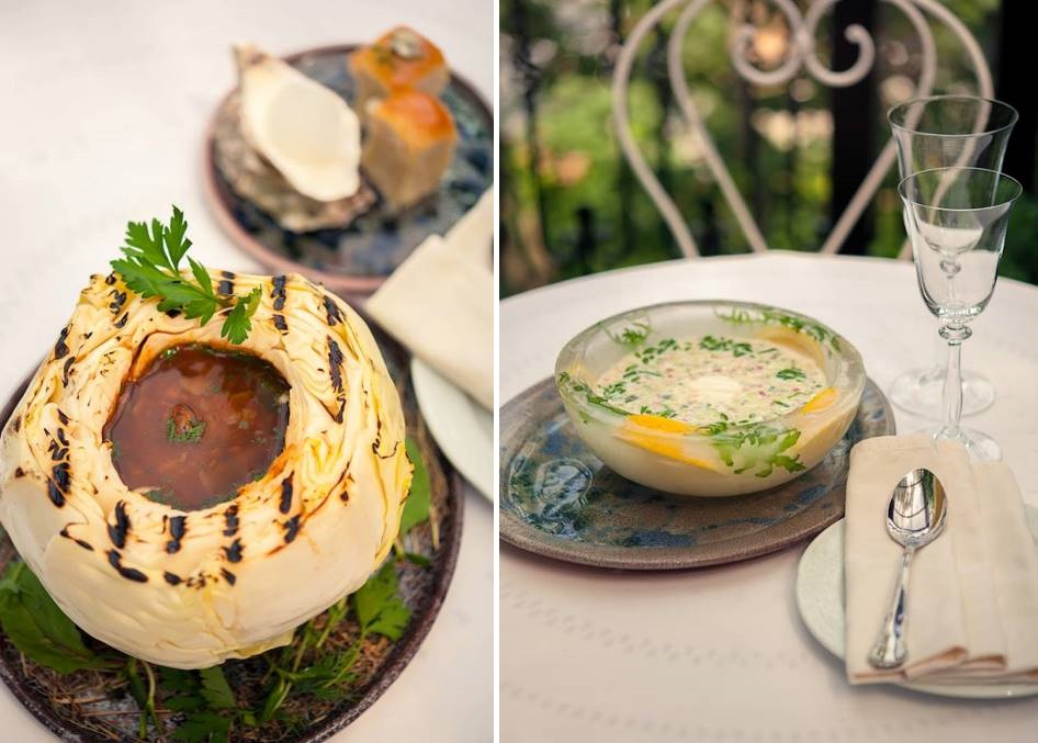 Борщ в кочане капусты и окрошка в ледяной тарелке